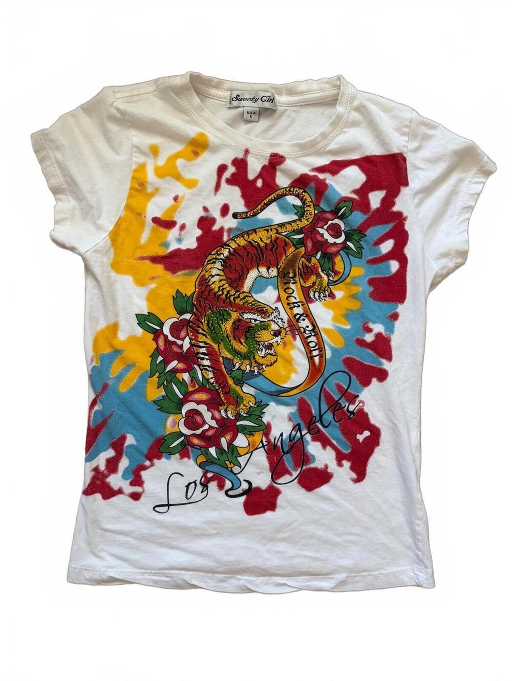Vintage Sweety Girl Baby Tee Womens Size L White Tiger & Roses Graphic Y2K